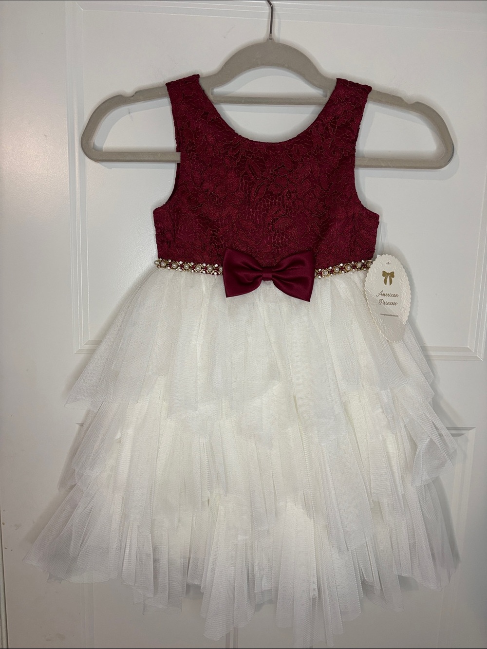 American Princess Burgundy and White Lace Tulle Bow Party Dress